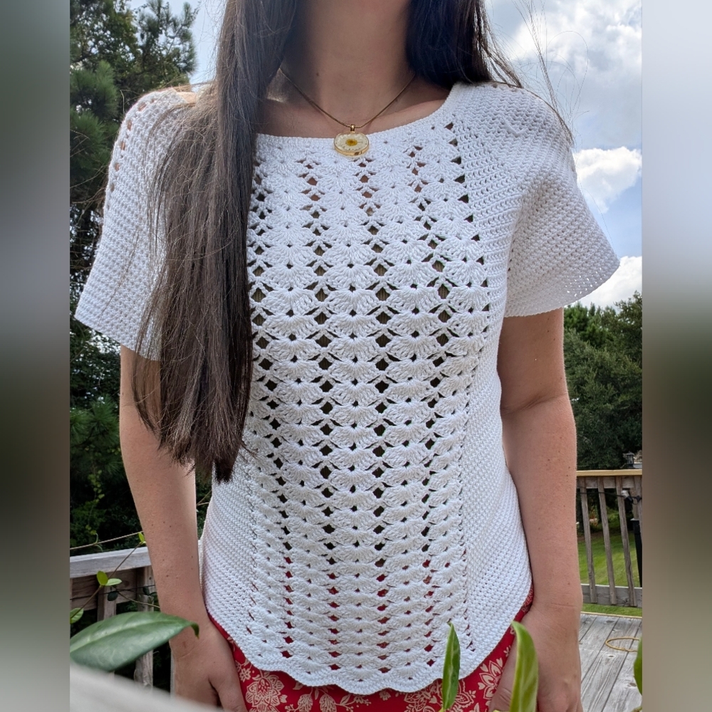 Crochet Top DIY Knitted Size M L White Short Sleeves Round Neckline NEW